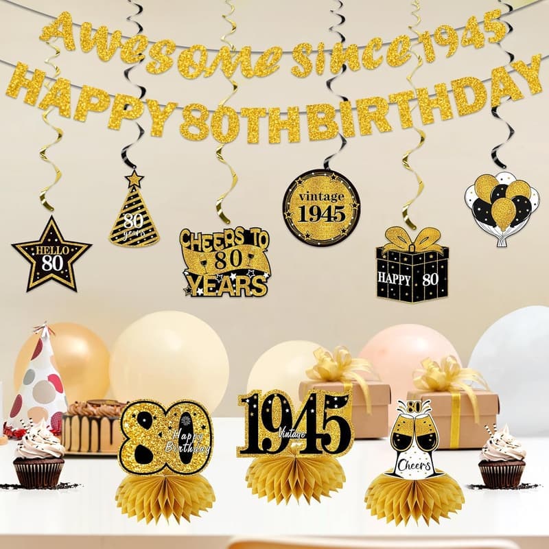 80th Birthday Party Decorations Kit - Black Gold Banner & Centerpieces