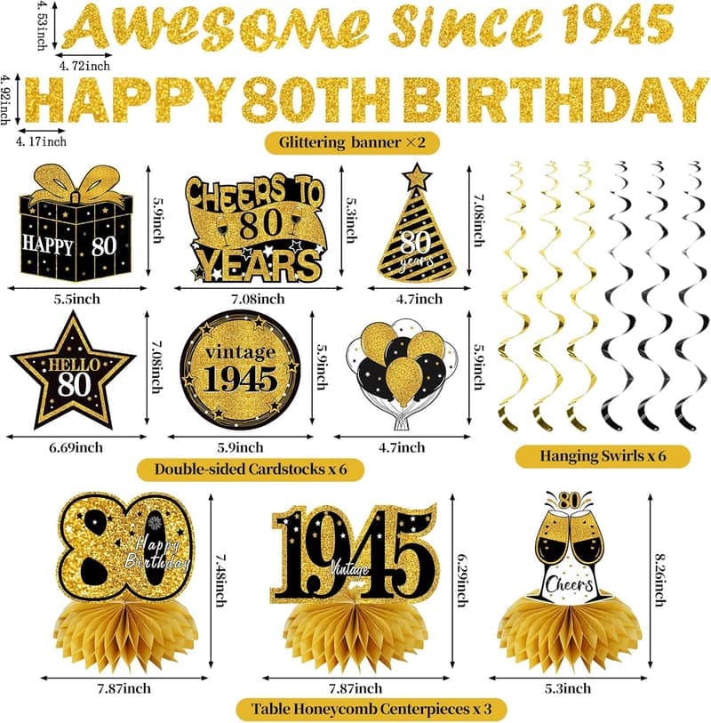 80th Birthday Party Decorations Kit - Black Gold Banner & Centerpieces