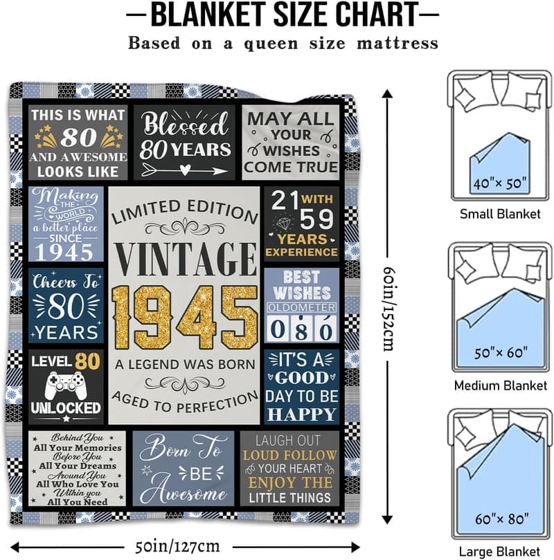 80th Birthday Vintage 1945 Blanket for Men, 50
