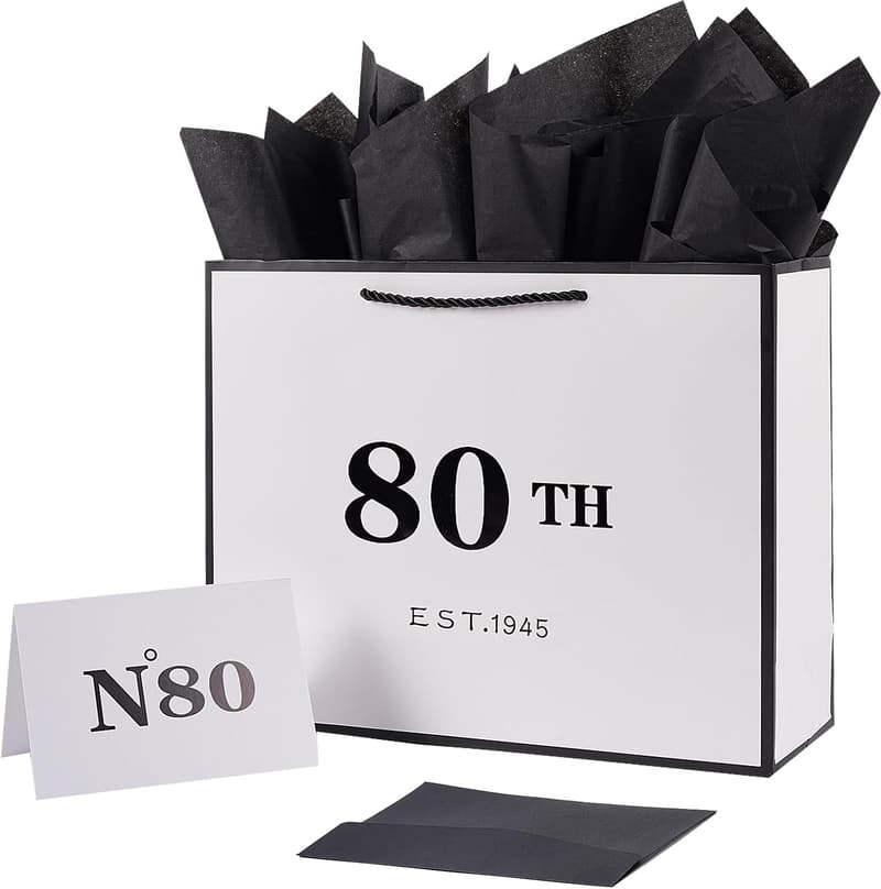 80th Birthday Gift Bag with Card & Tissue Paper for Men/Women