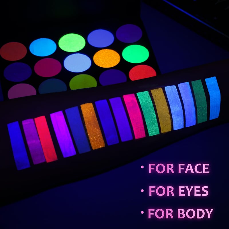 Neon UV Face Paint Palette – 15 Water-Based Colors for Kids