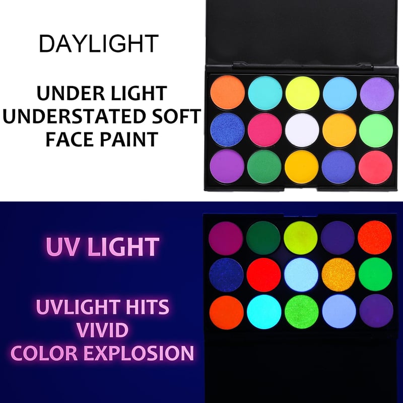 Neon UV Face Paint Palette – 15 Water-Based Colors for Kids