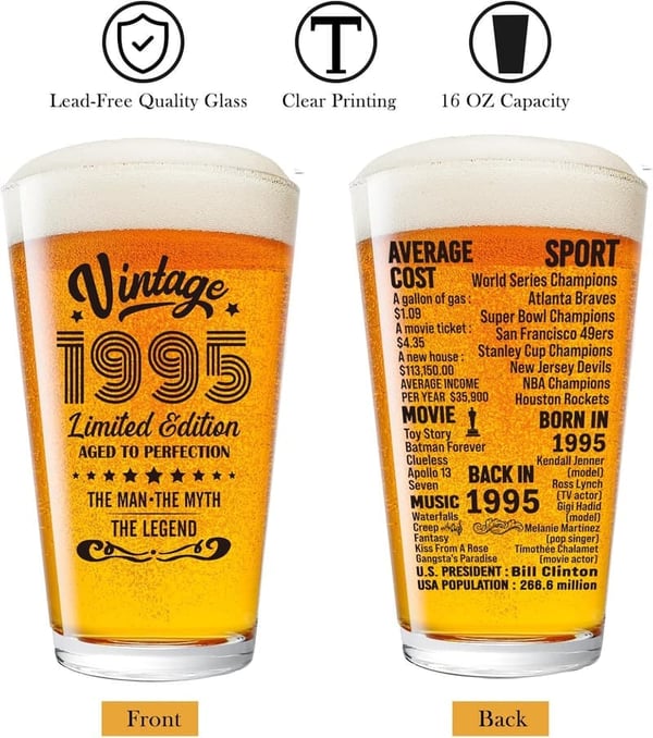 30th Birthday Vintage 1995 Beer Glass for Men