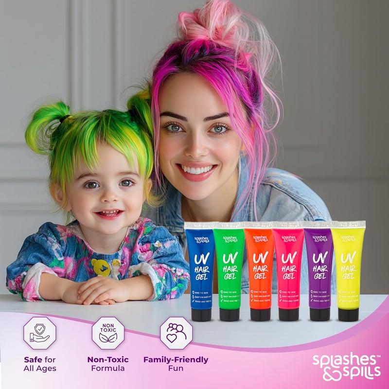 UV Neon Hair Gel Set - 6 Non-Toxic Colors for Raves & Parties
