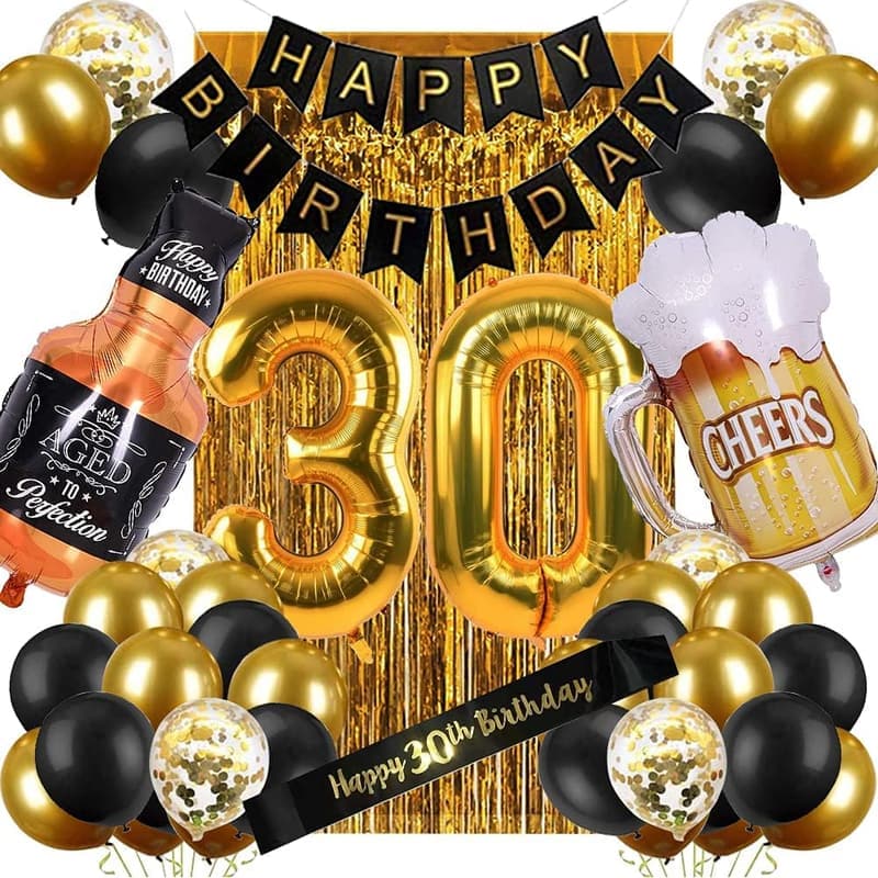 30th Birthday Decorations for Men, Black & Gold Party Supplies