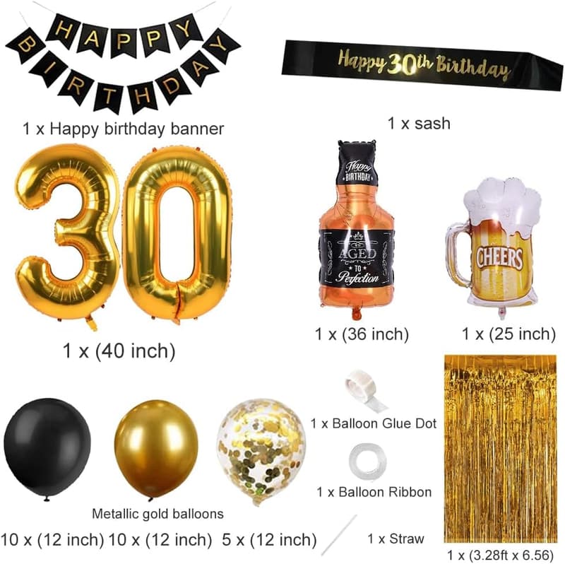 30th Birthday Decorations for Men, Black & Gold Party Supplies