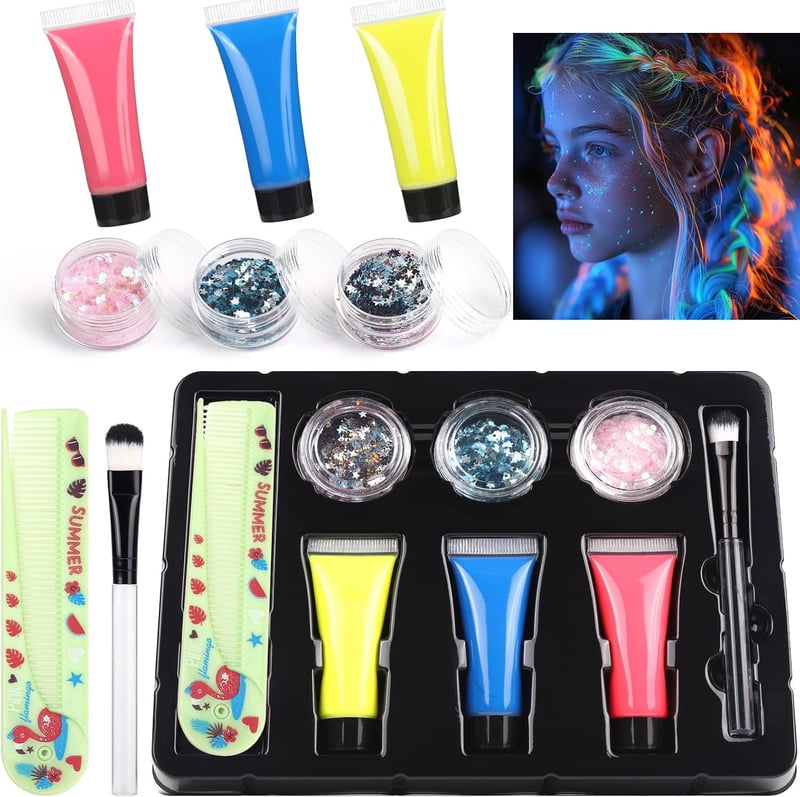 Hair Glitter & Glow UV Color Kit for Kids - 3 Glitters, Brush, Comb