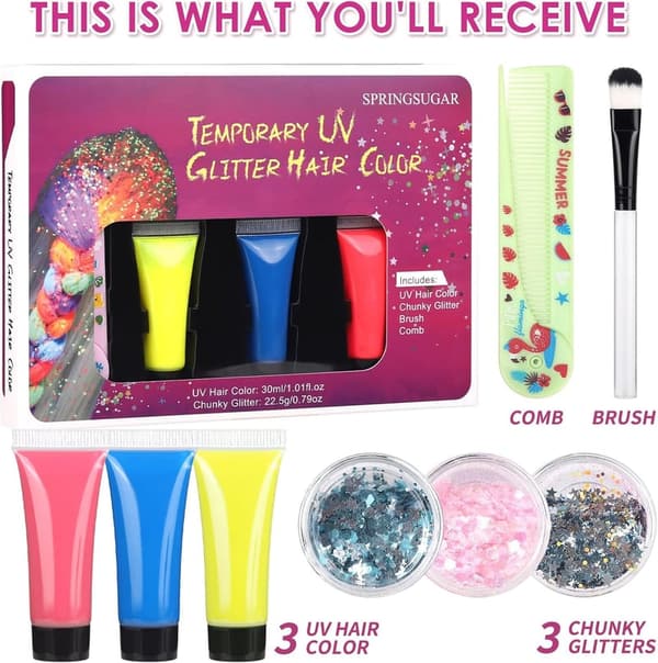 Hair Glitter & Glow UV Color Kit for Kids - 3 Glitters, Brush, Comb