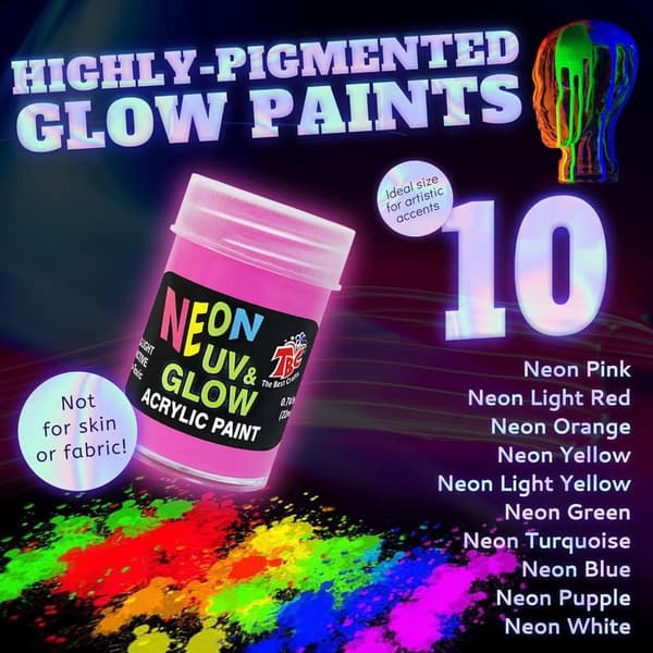 Glow in the Dark Acrylic Paint Set - 10 Non-Toxic Colors