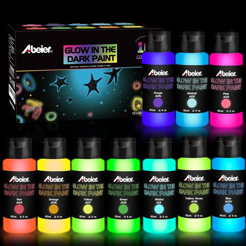 Glow in the Dark Acrylic Paint - 10 Bright Colors for DIY Decor
