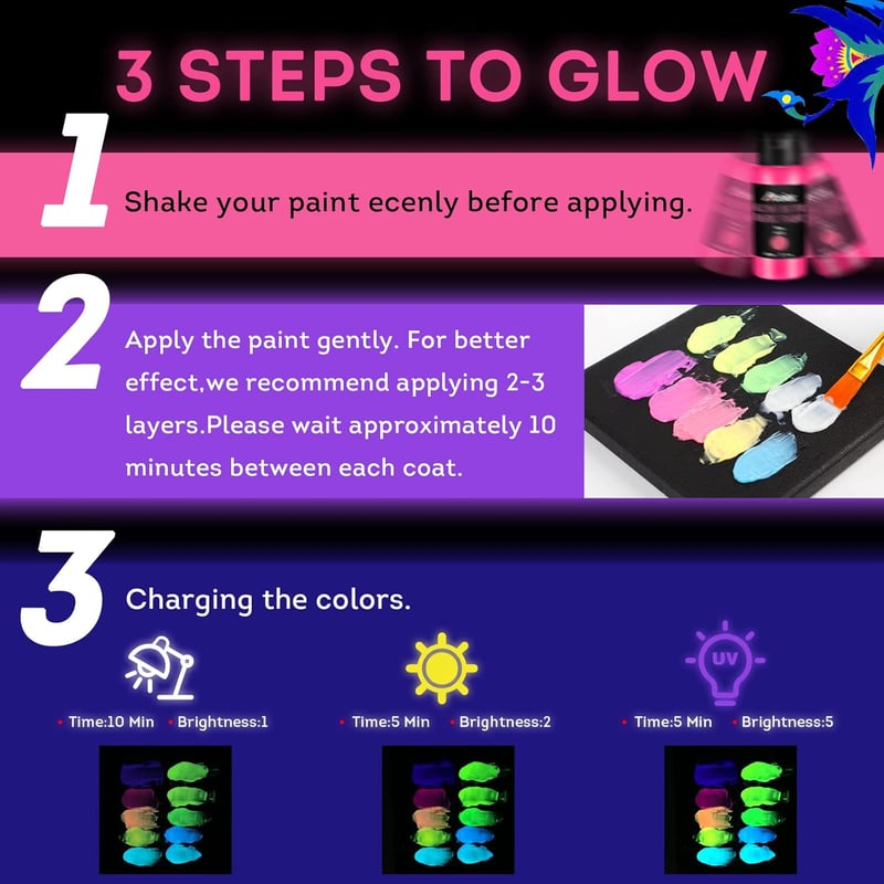 Glow in the Dark Acrylic Paint - 10 Bright Colors for DIY Decor