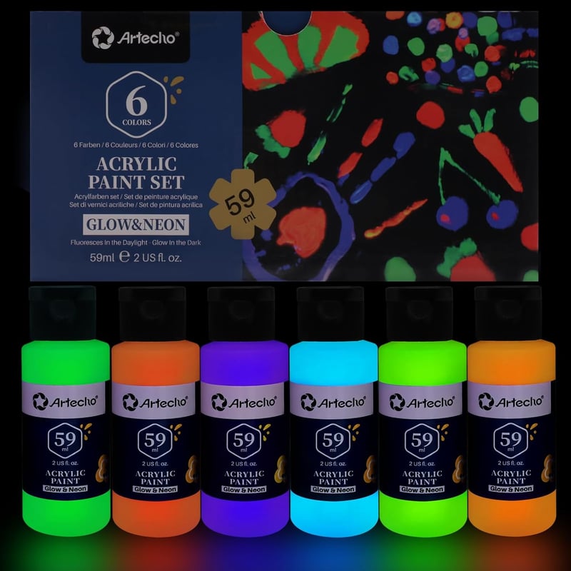 Glow in the Dark Acrylic Paint Set - 6 Colors, 60ml