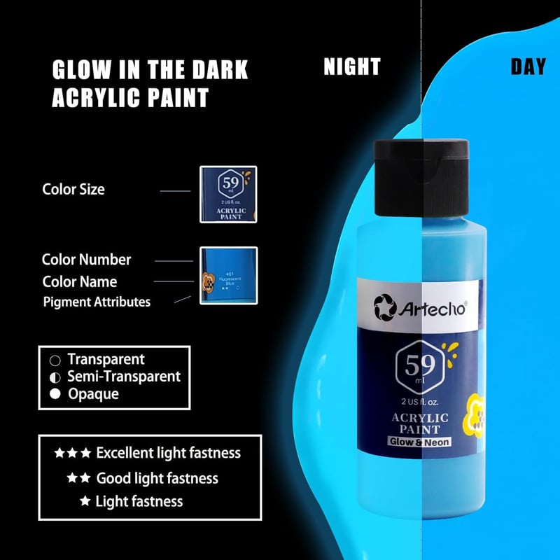 Glow in the Dark Acrylic Paint Set - 6 Colors, 60ml