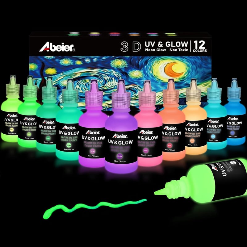 Glow in the Dark Acrylic Paint Set - 12 Neon Colors for DIY Projects