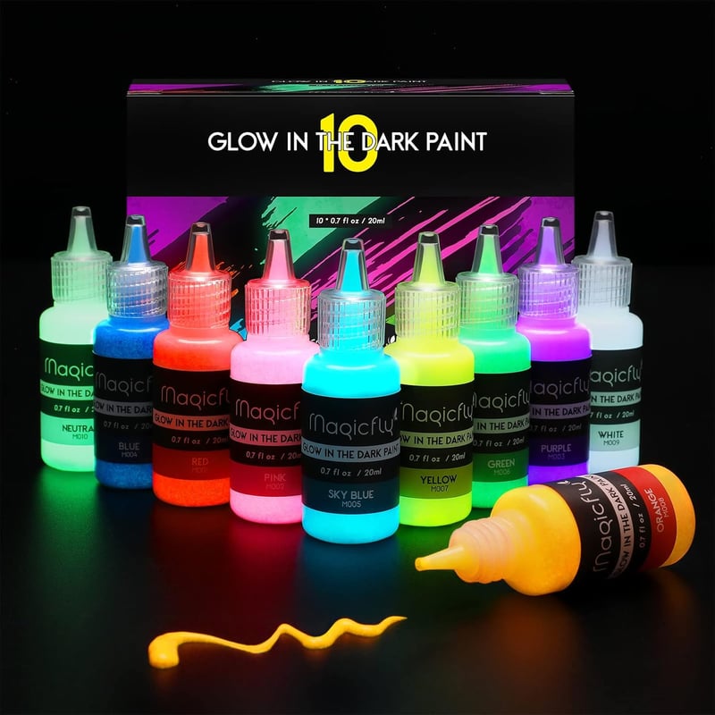 Glow in the Dark Acrylic Paint Set - 10 Neon Colors for Crafts