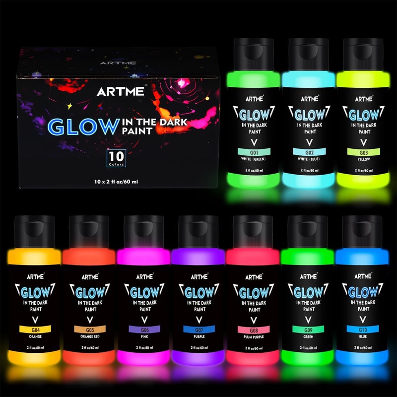 Glow in The Dark Acrylic Paint Set - 10 Neon Colors for DIY Projects