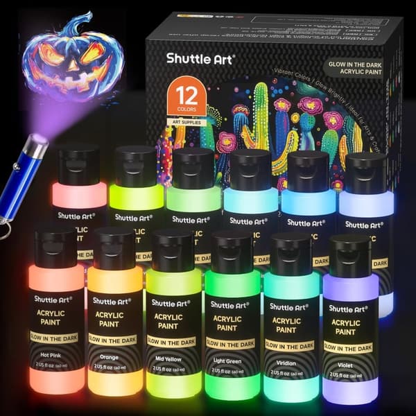 Glow in the Dark Paint Set - 12 Colors with UV Light, 2oz Bottles