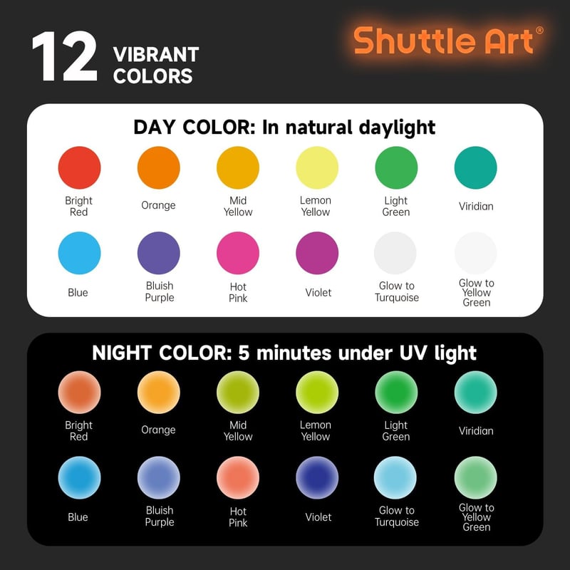 Glow in the Dark Paint Set - 12 Colors with UV Light, 2oz Bottles