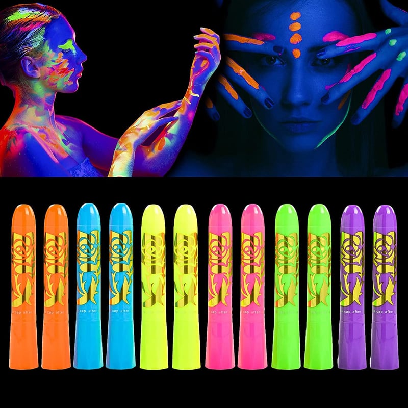Neon Glow Face Paint Kit for Halloween & Parties - 12 Crayons