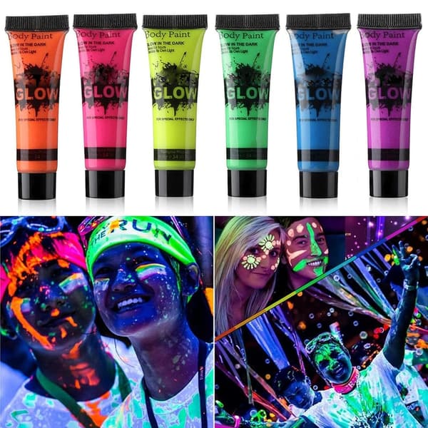 Neon Glow-in-the-Dark Body Paint Set - 6 UV Fluorescent Tubes