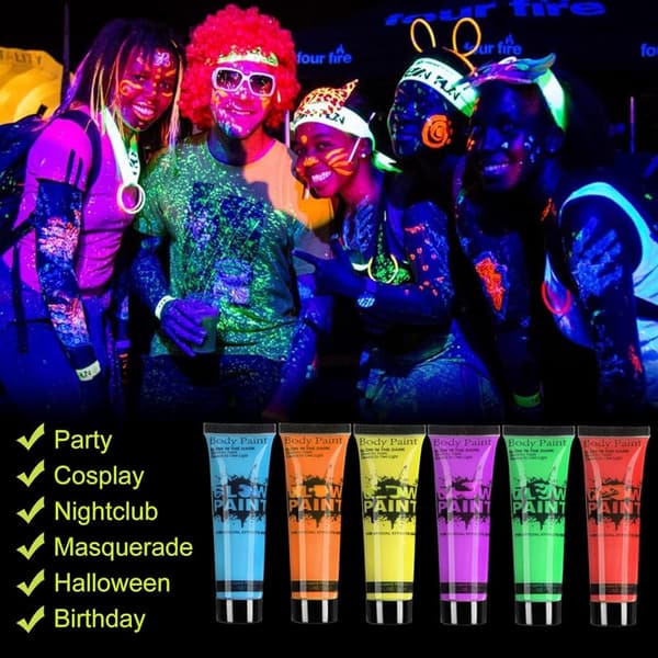 Neon Glow-in-the-Dark Body Paint Set - 6 UV Fluorescent Tubes