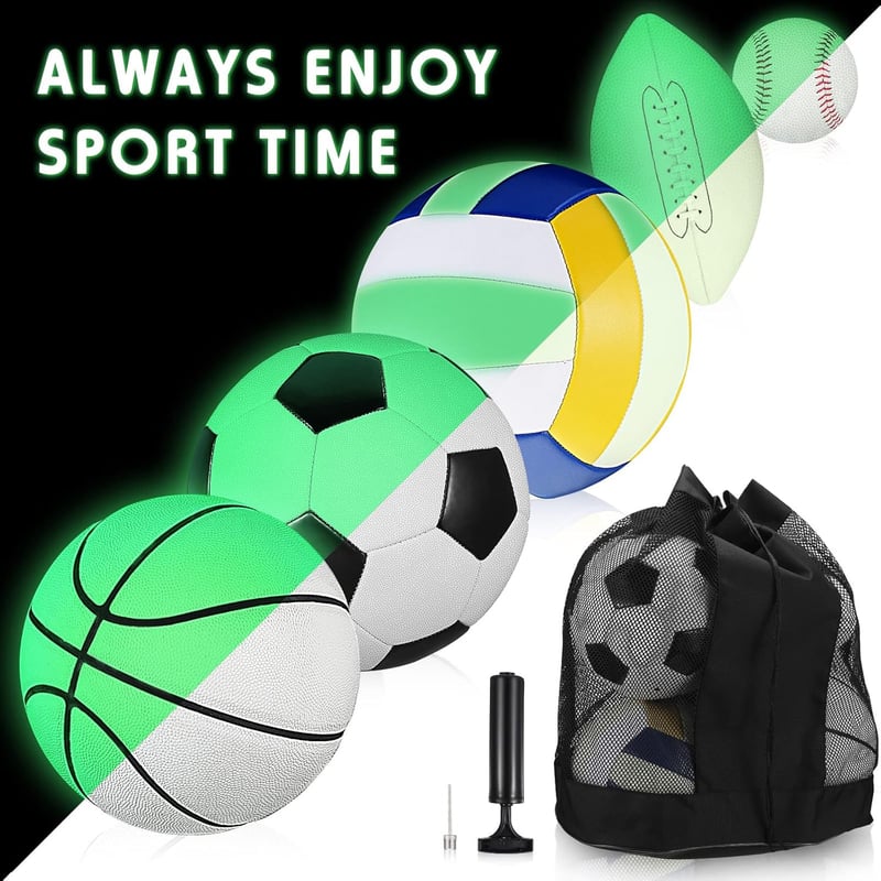 Glow-in-the-Dark 5-Piece Sports Ball Set with Pump & Bag