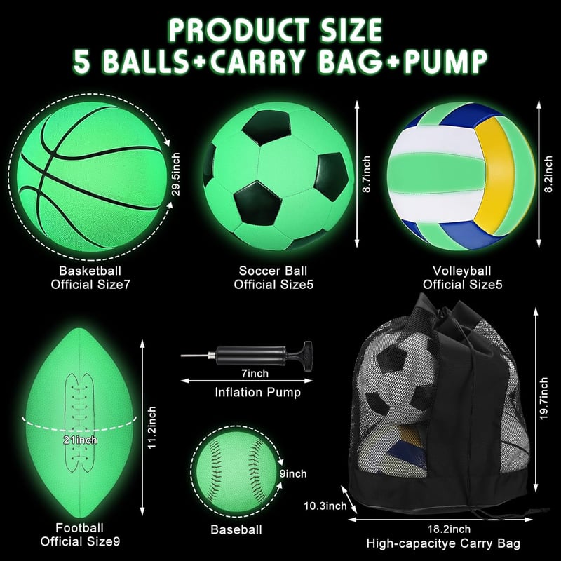 Glow-in-the-Dark 5-Piece Sports Ball Set with Pump & Bag