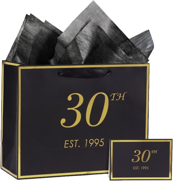30th Birthday Gift Bag with Card & Tissue Paper - Black Gold