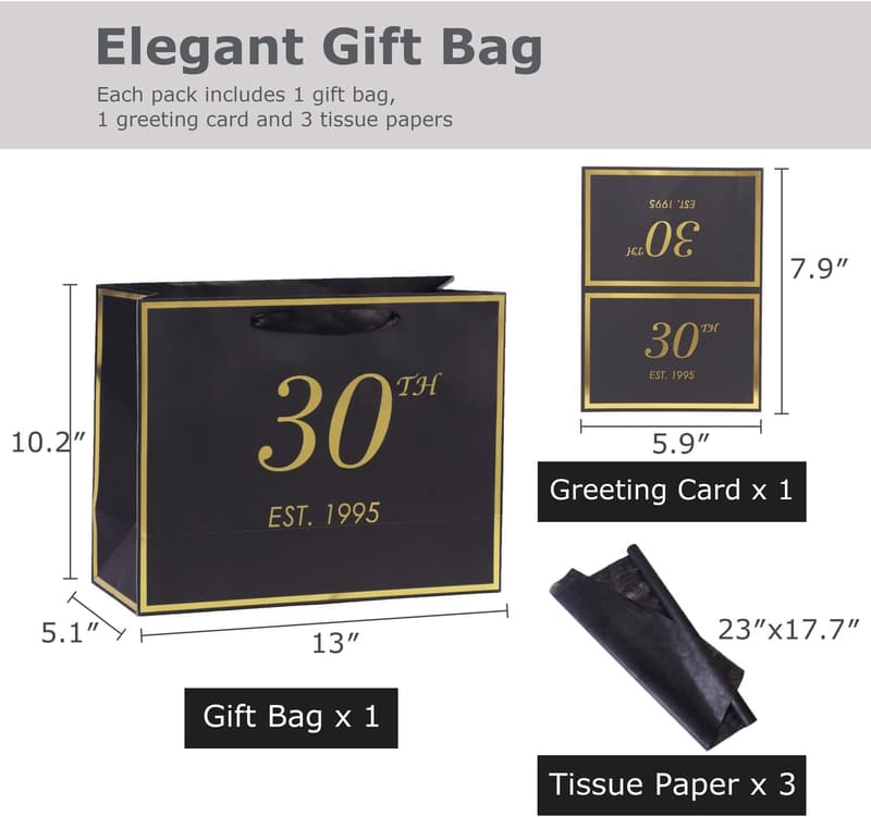 30th Birthday Gift Bag with Card & Tissue Paper - Black Gold