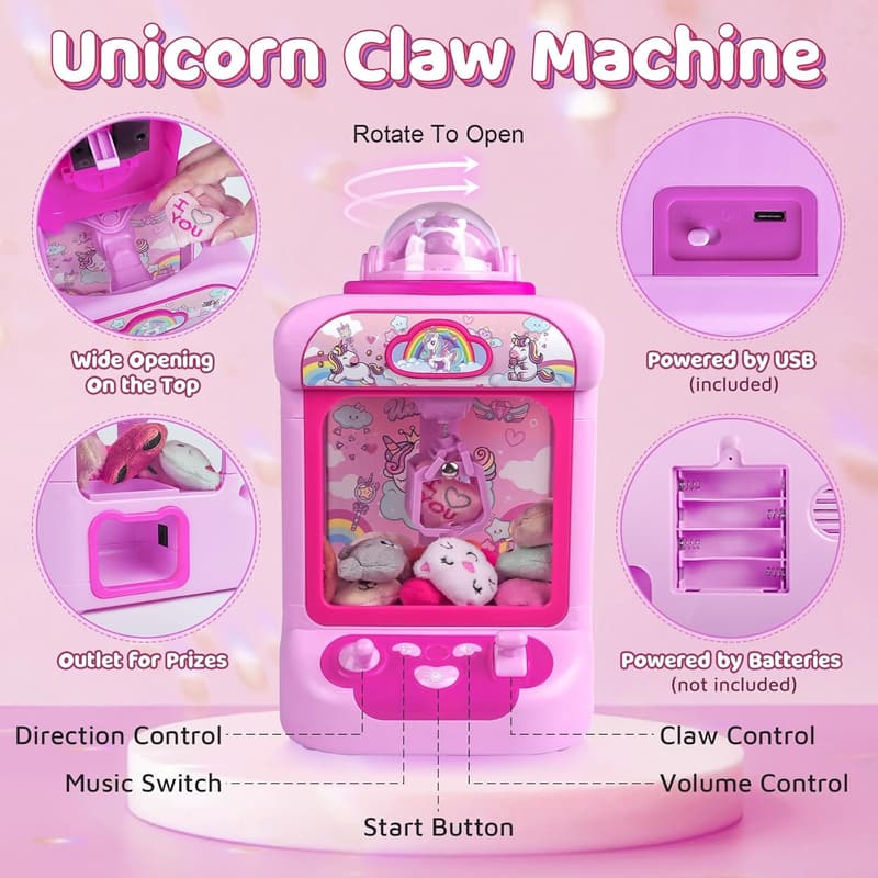 Mini Claw Machine Toy with Sound & 20 Plush Unicorns for Kids