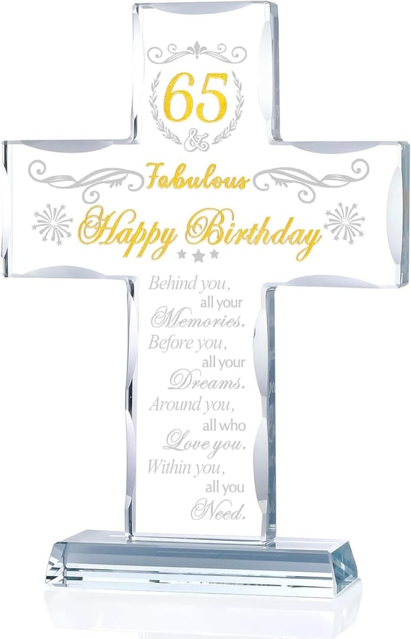 65th Birthday Glass Cross for Women - Engraved Religious Gift