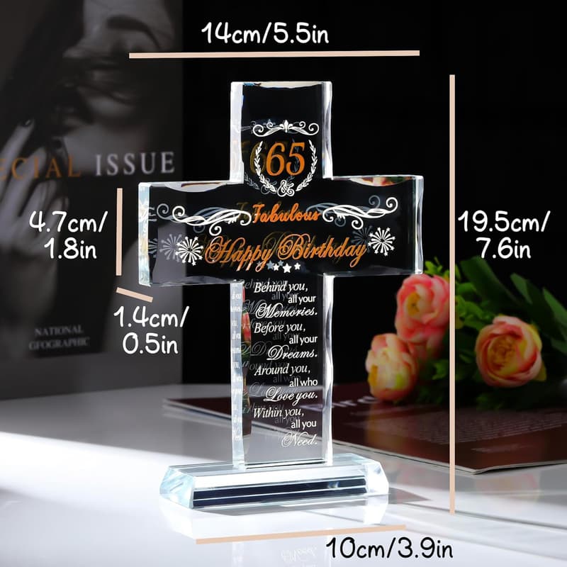 65th Birthday Glass Cross for Women - Engraved Religious Gift