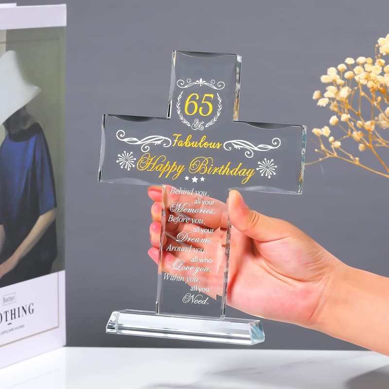 65th Birthday Glass Cross for Women - Engraved Religious Gift