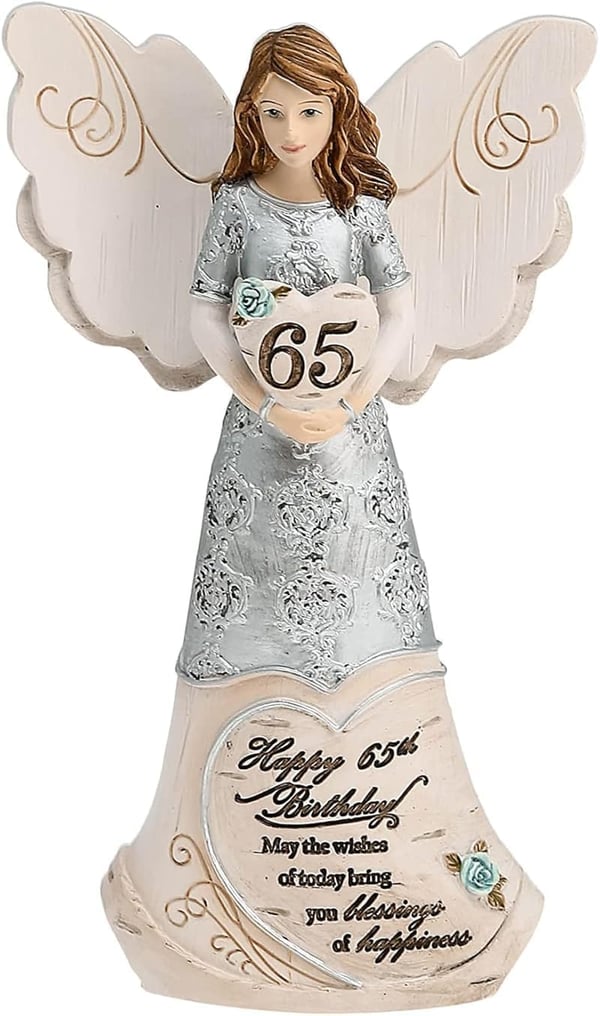 65th Birthday Angel Figurine Holding Heart, Beige