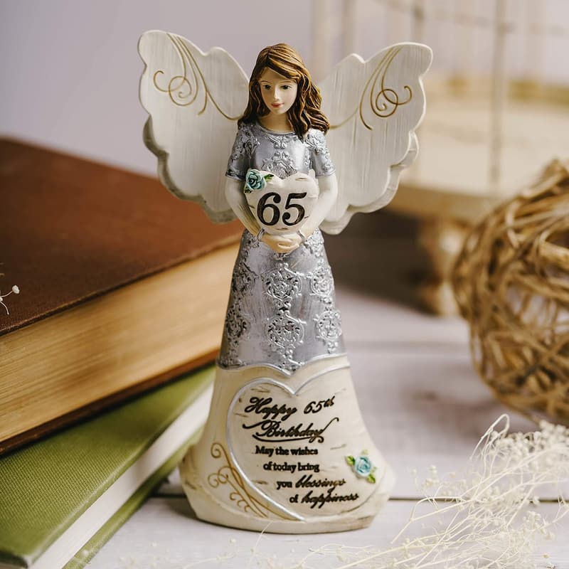 65th Birthday Angel Figurine Holding Heart, Beige