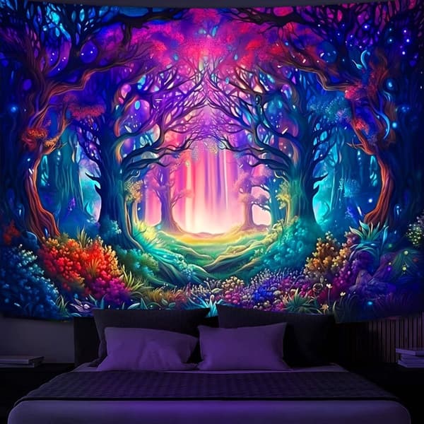 Blacklight Fantasy Forest Tapestry - UV Reactive Wall Hanging