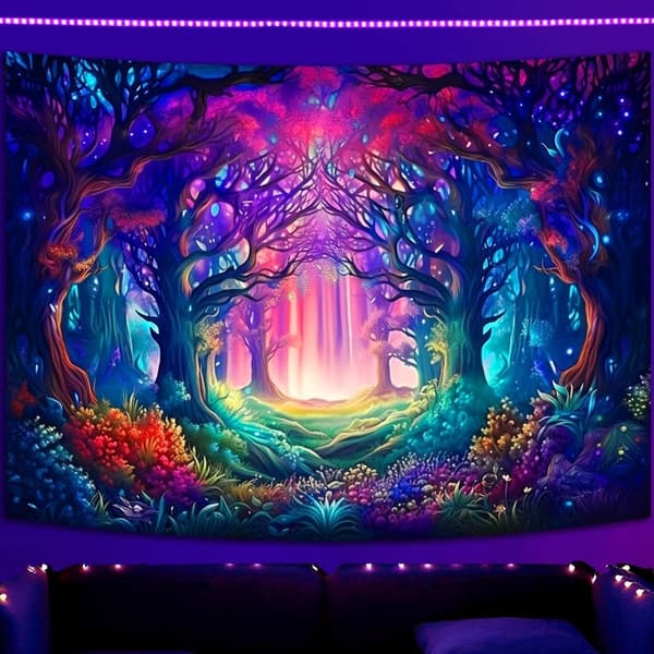 Blacklight Fantasy Forest Tapestry - UV Reactive Wall Hanging