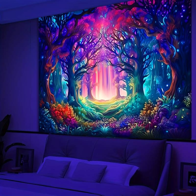 Blacklight Fantasy Forest Tapestry - UV Reactive Wall Hanging