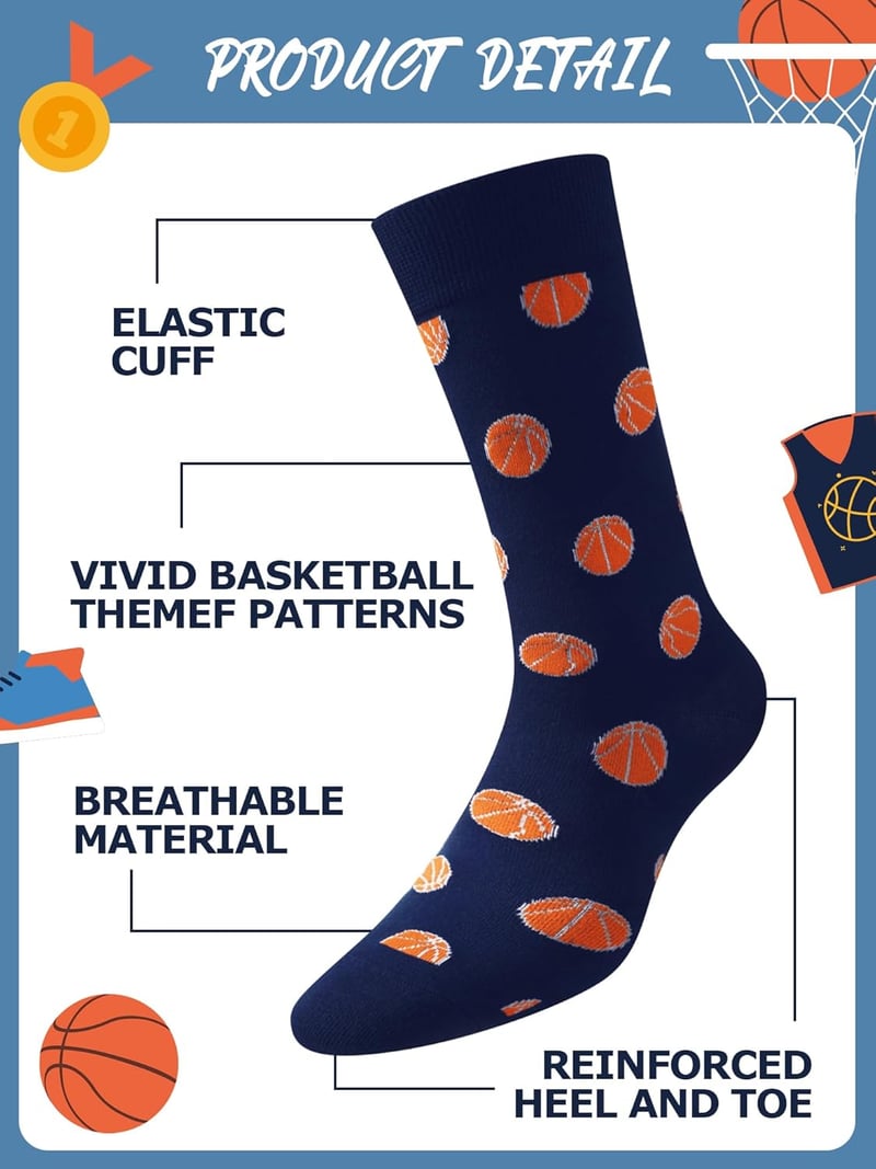 Father's Day Novelty Basketball Socks for Men - 6 Pairs