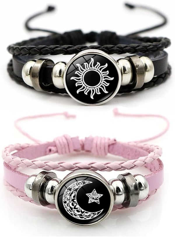 Glow-in-the-Dark Sun and Moon Couple Bracelet - Adjustable Leather Gift