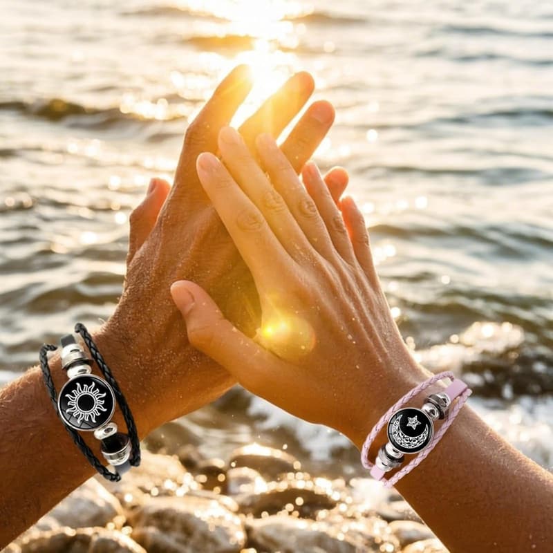 Glow-in-the-Dark Sun and Moon Couple Bracelet - Adjustable Leather Gift