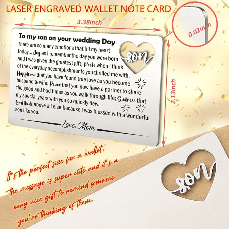 Son's Wedding Day Wallet Card Insert from Mom, Engraved Gift