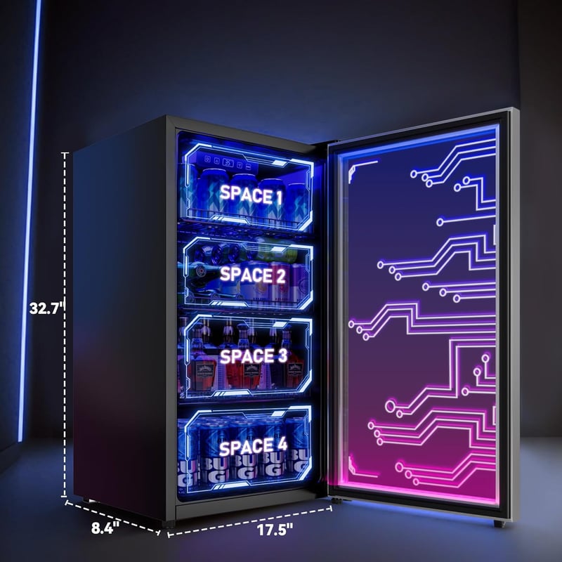 Cyberpunk Beverage Fridge with LED Lighting, 120 Can Capacity