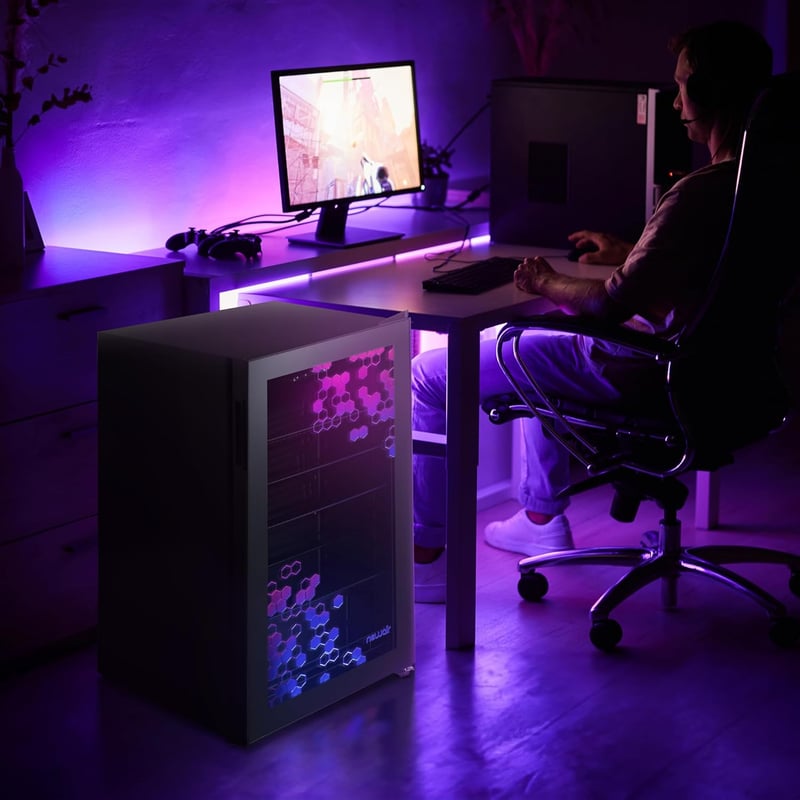 Prismatic RGB Beverage Refrigerator for Game Rooms and Parties