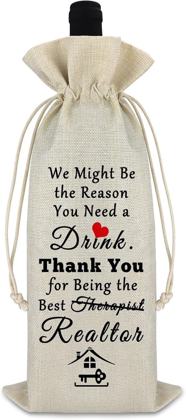 Realtor Housewarming Wine Bag - Burlap Drawstring Gift
