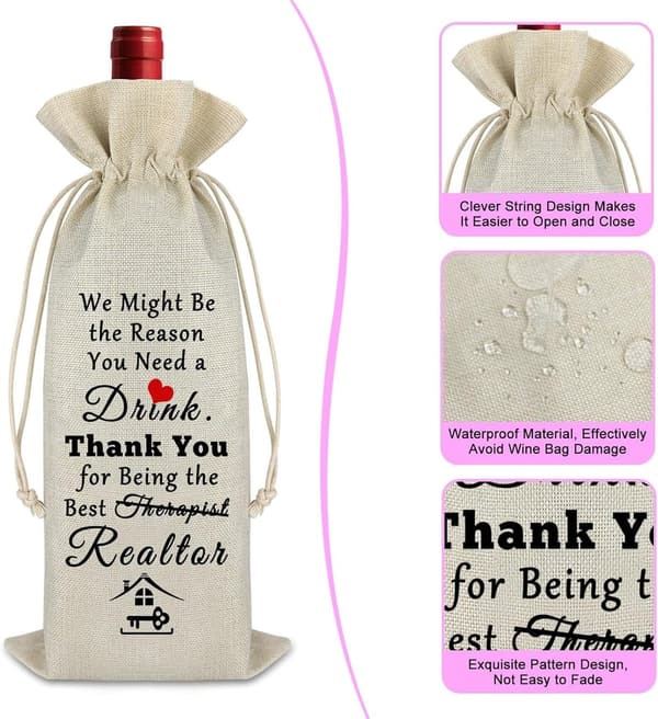 Realtor Housewarming Wine Bag - Burlap Drawstring Gift