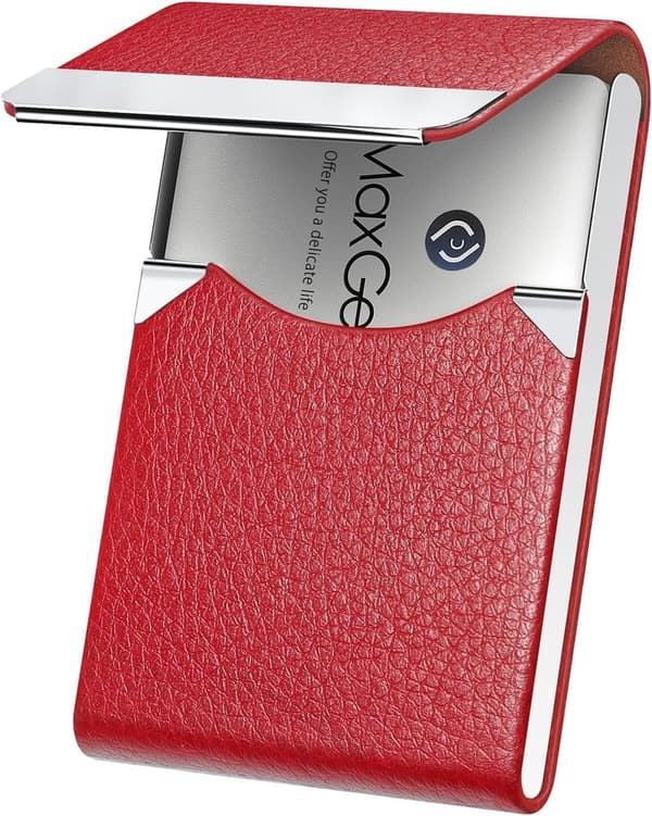 RFID Blocking Slim Business Card Holder in Red Leather and Steel