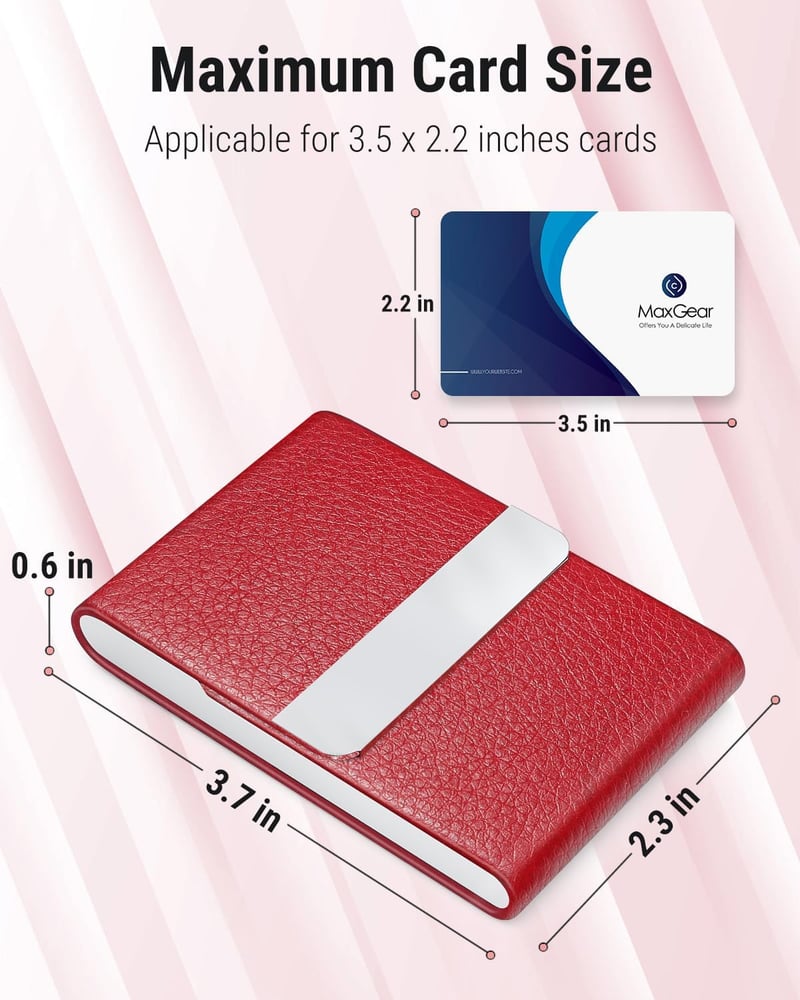 RFID Blocking Slim Business Card Holder in Red Leather and Steel
