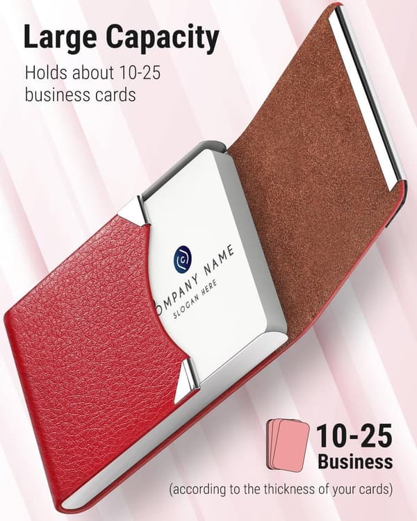 RFID Blocking Slim Business Card Holder in Red Leather and Steel