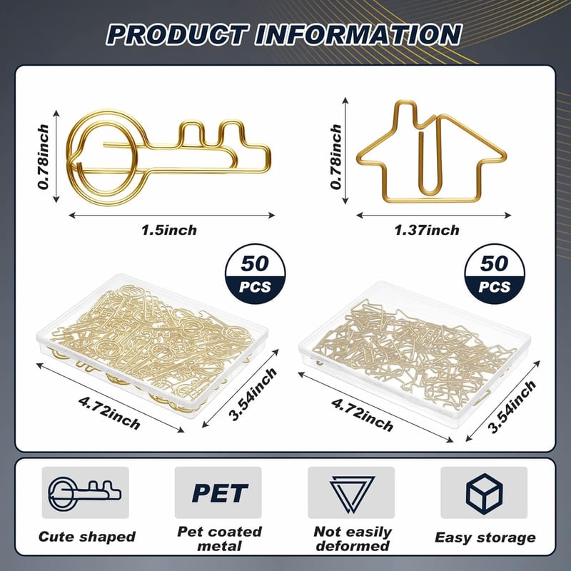 Office Supplies Set: 100 Paper Clips with Storage Boxes (Gold)